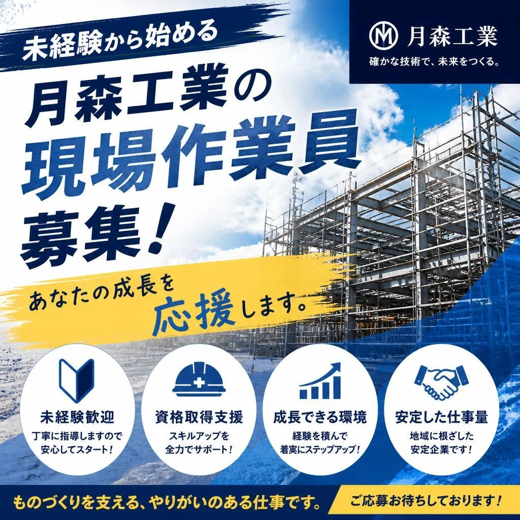 未経験から始める月森工業の現場作業員募集！あなたの成長を応援します。