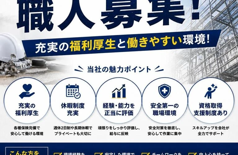 現場経験を活かせる職人募集！充実の福利厚生と働きやすい環境！