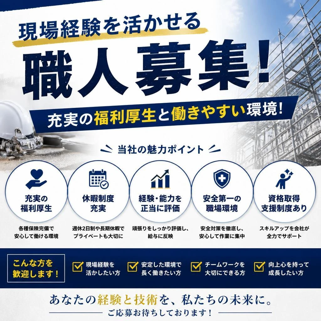 現場経験を活かせる職人募集！充実の福利厚生と働きやすい環境！