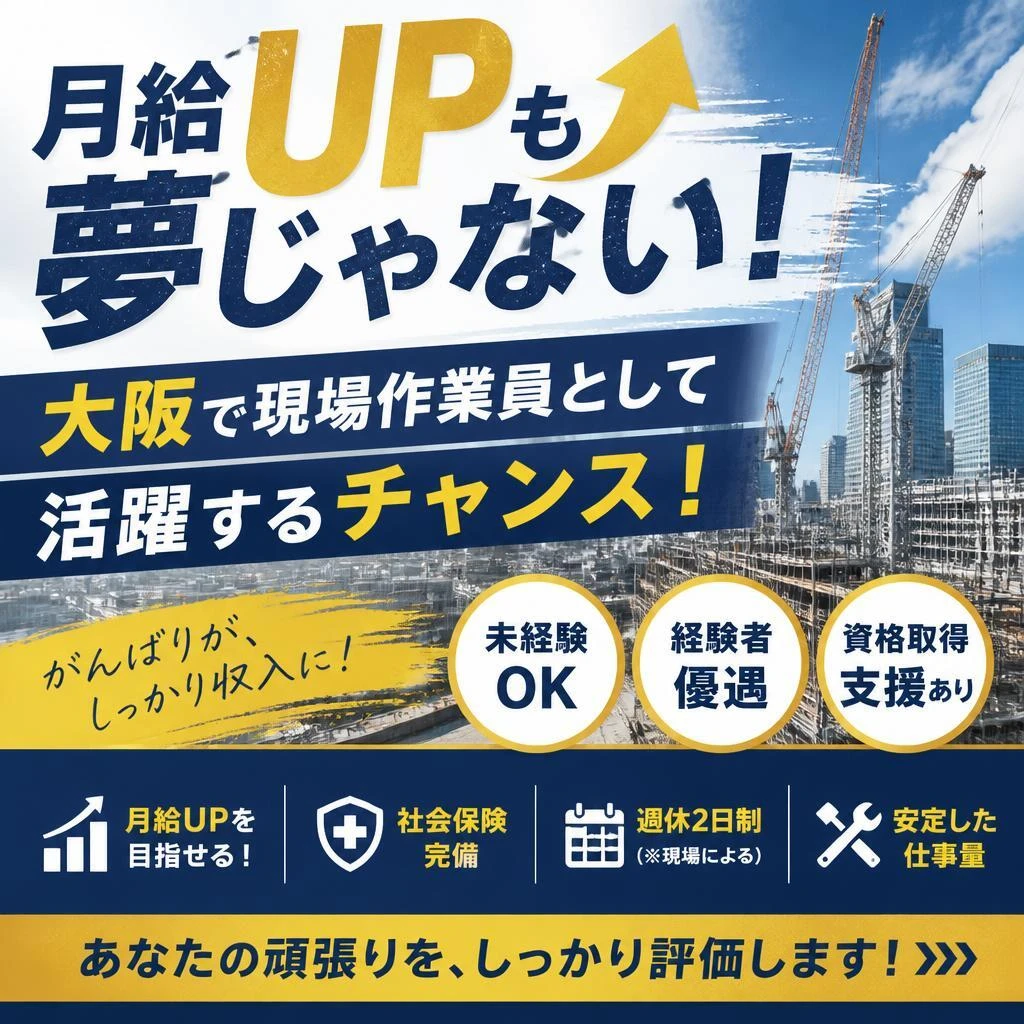 月給UPも夢じゃない！大阪で現場作業員として活躍するチャンス！