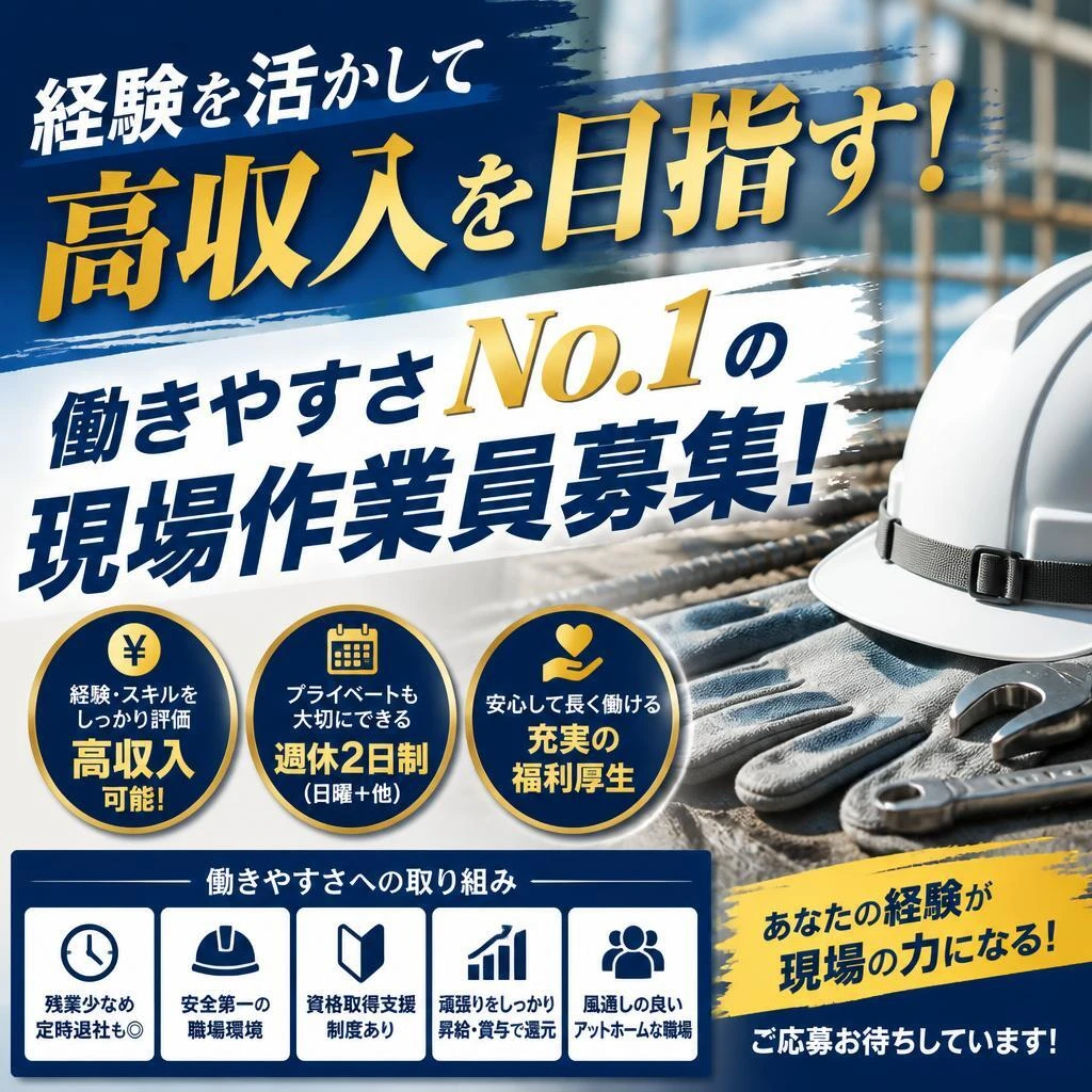 経験を活かして高収入を目指す！働きやすさNo.1の現場作業員募集！